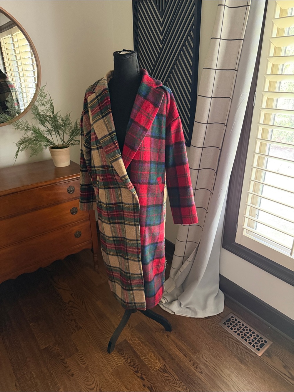 Fashion Nova Red Multi Plaid Long Trench Coat small